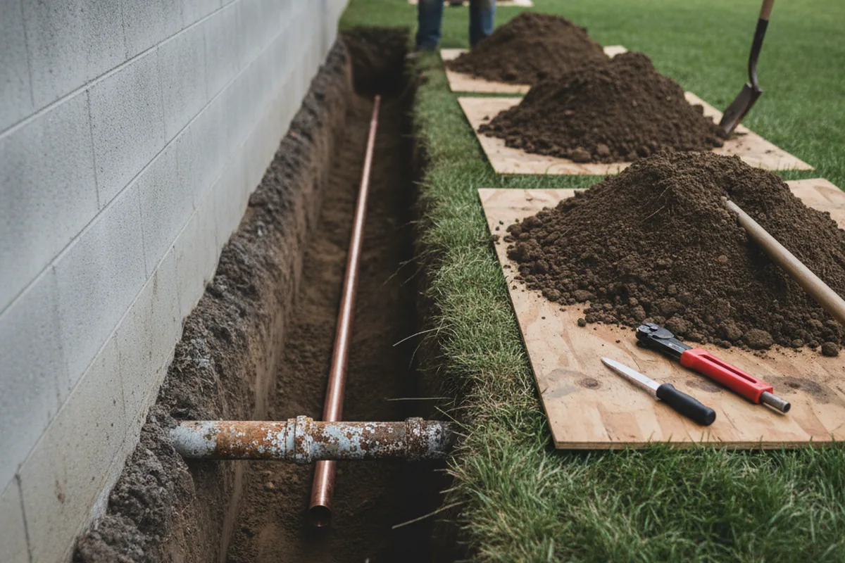 Excavated water line trench during Sewer Line Repair in Cassoday